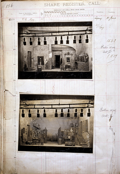 Two sepia photographs of different set designs, stuck to a scrapbook page. There are some hand written notes in the margin.