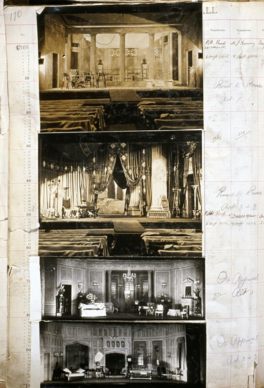 Three sepia photographs of different set designs, stuck to a scrapbook page. There are some hand written notes in the margin.