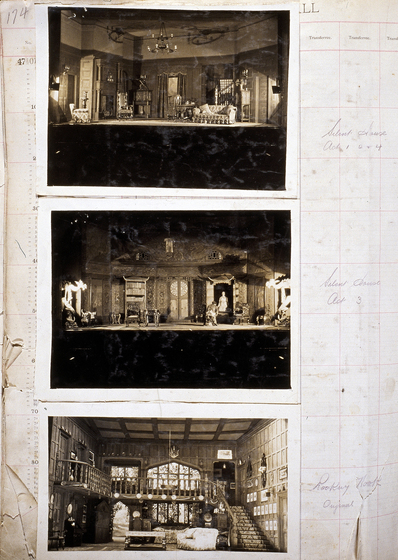 Three sepia photographs of different set designs, stuck to a scrapbook page. There are some hand written notes in the margin.