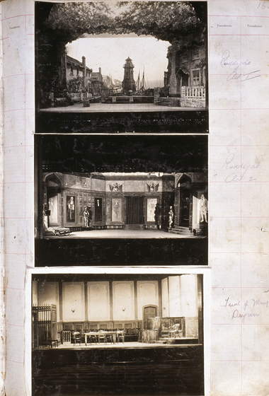 Three black and white photographs of different set designs, stuck to a scrapbook page. There are some hand written notes in the margin.