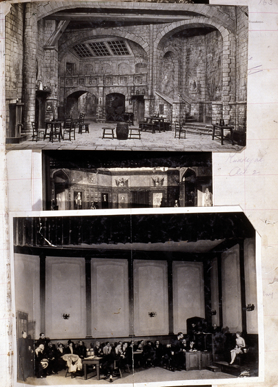 Three black and white photographs of different set designs, stuck to a scrapbook page. There are some hand written notes in the margin.
