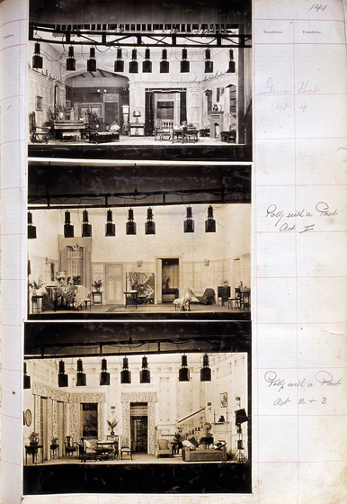 Three sepia photographs of different set designs, stuck to a scrapbook page. There are some hand written notes in the margin.