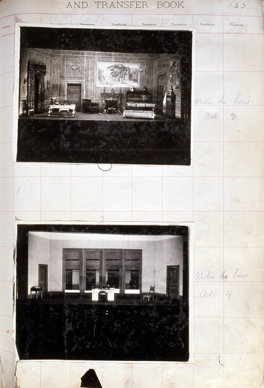 Two black and white photographs of different set designs, stuck to a scrapbook page. There are some hand written notes in the margin.