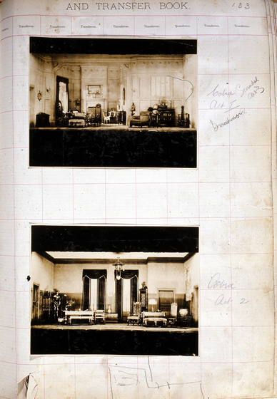Two sepia photographs of different set designs, stuck to a scrapbook page. There are some hand written notes in the margin.