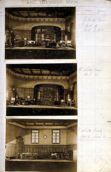 Three sepia photographs of different set designs, stuck to a scrapbook page. There are some hand written notes in the margin.