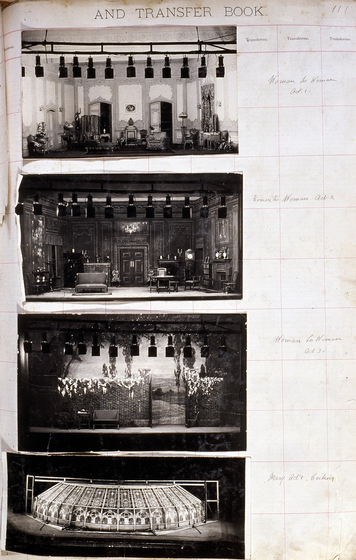 Three black and white photographs of different set designs, stuck to a scrapbook page. There are some hand written notes in the margin.