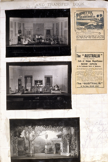 Three black and white photographs of different set designs, stuck to a scrapbook page. There are some hand written notes in the margin and a newspaper article clipping.