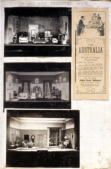 Three black and white photographs of different set designs, stuck to a scrapbook page. There are some hand written notes in the margin and a newspaper clipping.