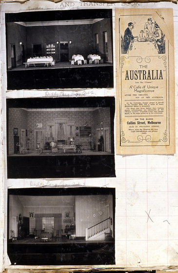 Three black and white photographs of different set designs, stuck to a scrapbook page. There are some hand written notes in the margin and a newspaper article clipping.
