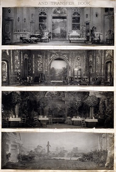 Four black and white photographs of different set designs, stuck to a scrapbook page.