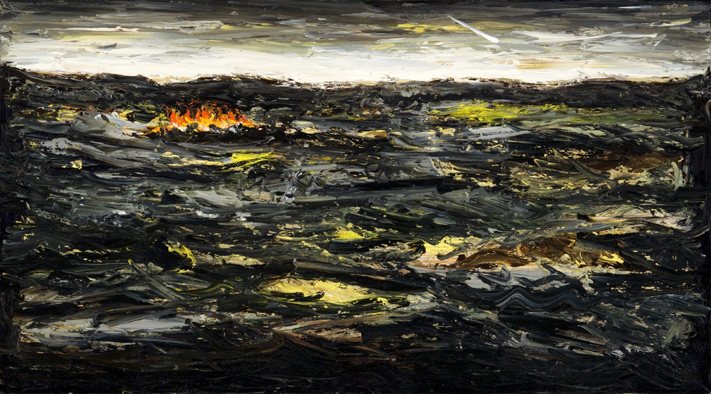 Blackened landscape with patches of yellow and red, resembling fire.