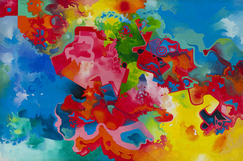 Abstract painting full of lots of colours, swirling around on the page