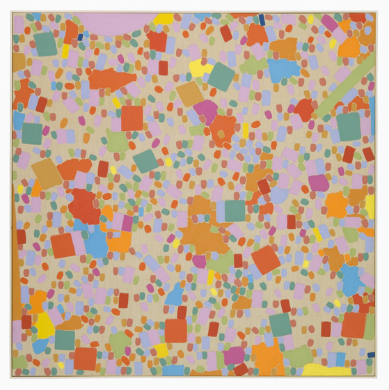 Abstract painting of colourful squares and smaller dots on a cream background, resembling hundreds and thousands.