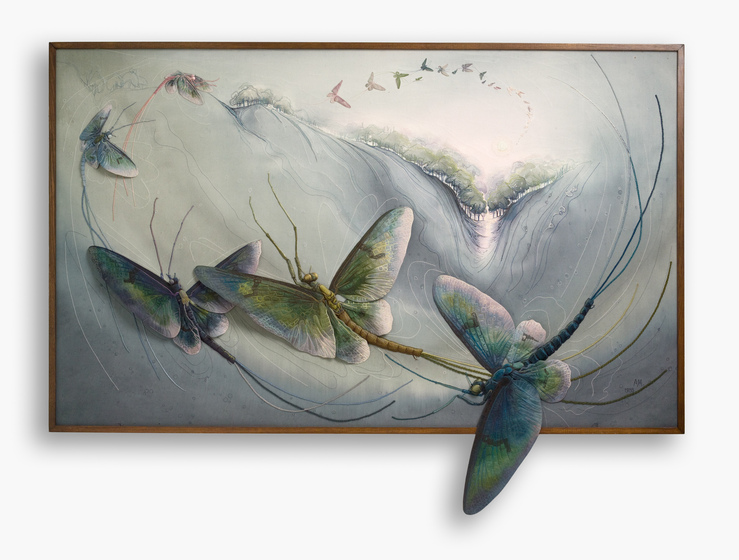 Hand stitched mayflies of varying sizes, flying in a circular pattern