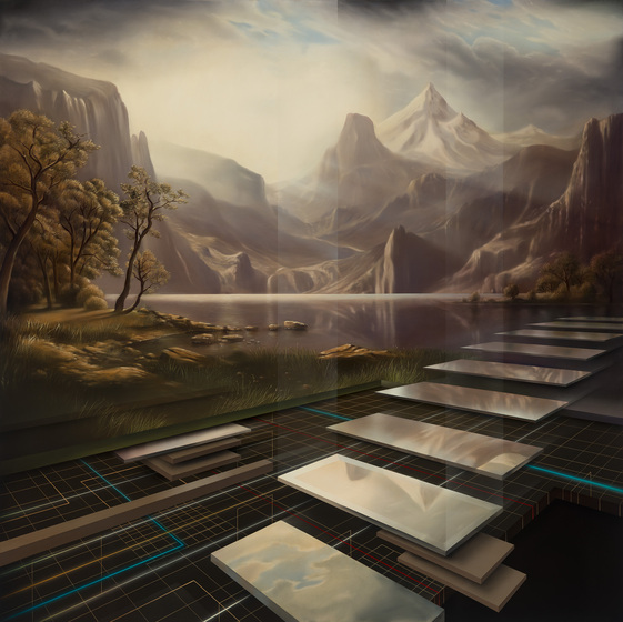 Surreal painting of a series of mirrored flat steps, leading into a landscape of a lake, rocky mountains and sun dappling on the water and lakes edge.