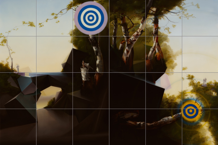 24 panels positioned to make a rectangle landscape of an abstract, geometric landscape.