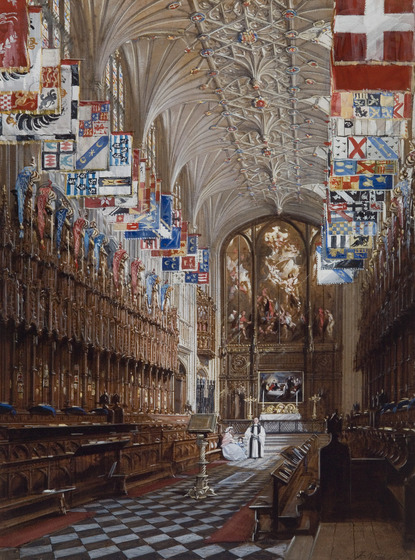The queen sits with her child, next to a standing minister in a white robe. They are sitting in the hall of a large decorative church, with flags and banners hanging from the walls, ornate plastering on the roof and a large religious scene positioned on the back wall.