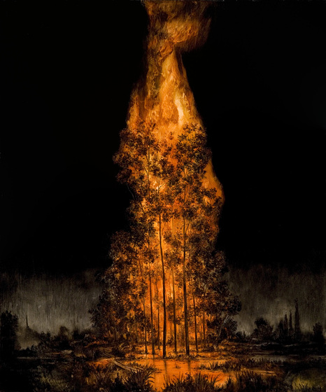 A large flame bursts into the night sky, burning a group of tall trees, highlighting the surrounding dark landscape of a swamp and grasses