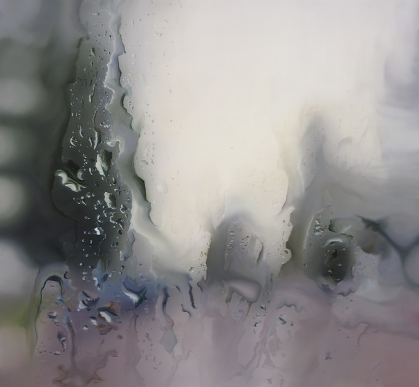 Abstract painting looking to resemble water drops running down a window pane, with pink, green and blue tones on the other side.