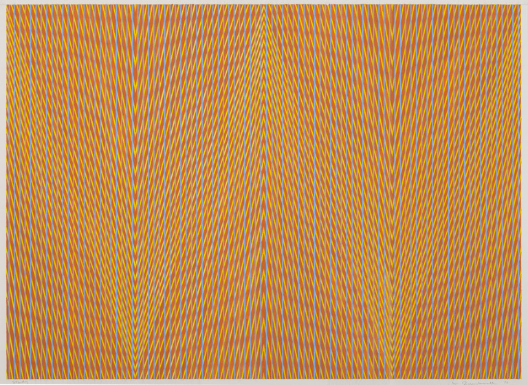 A series of blue lines over a series of yellow lines, which converge at the top centre of the image and at two points on the bottom. Both blue and yellow are set against a red background.
