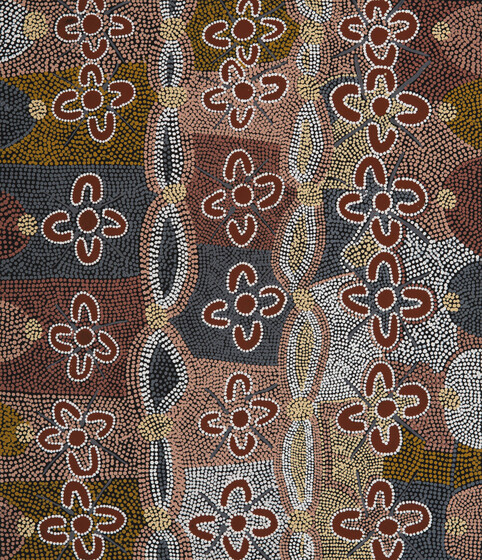 Indigenous dot painting with repetitive patterns, made up on greens, yellows, pinks and browns. 