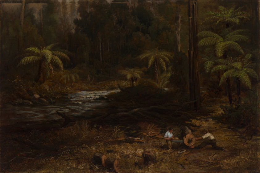 Landscape painting of a river running through a dense rainforest area of tall palms and thick bush. In the foreground are two men, either side of a saw cutting through a fallen down tree.