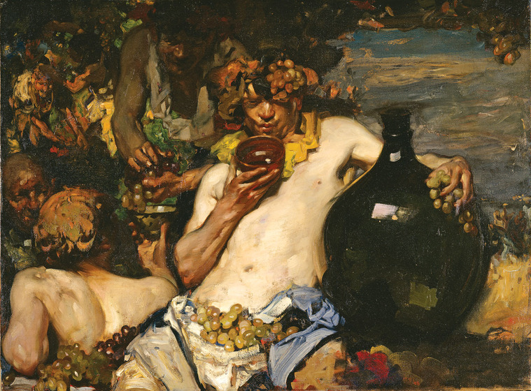 A topless man lies back, a cup in his hand near his mouth, and his other arm resting on a large glass bottle. He has grapes resting in his lap, and in his hair. Around him are other people, talking, eating and picking grapes.