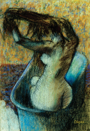 A naked woman sits in a bathtub, her back facing the artist. She is pulling her long hair upwards and outwards away from her head.