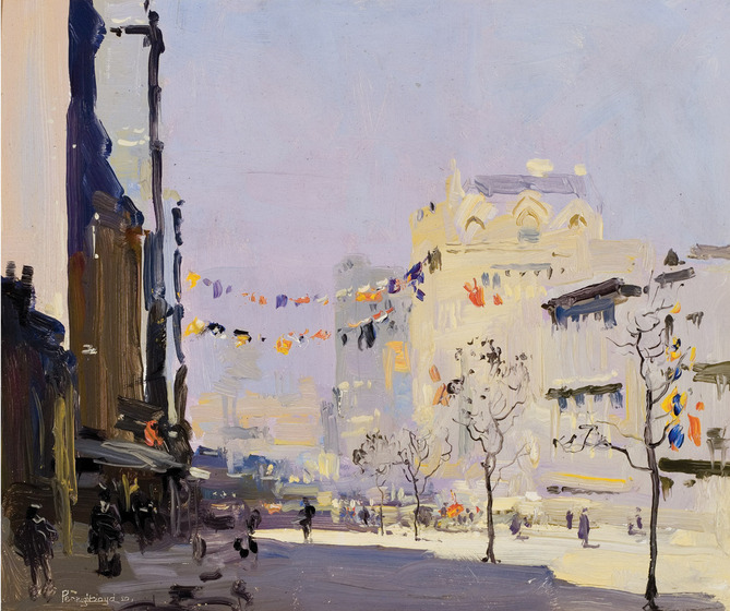 A streetscape consisting of buildings on either side of the pedestrian mall, with trees spread down the middle. Colourful bunting hangs across the street and off trees, while individuals walk through the scene at various locations.