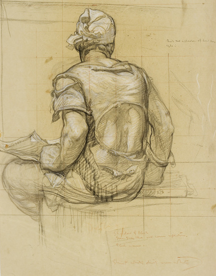 Sketch of a man sitting on some kind of rest. His back is to the artist, and his shirt has rips across the back and shoulders. He is wearing sometime of a bandana, reflective of a surgeon.
