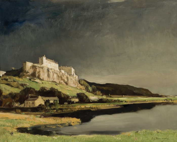 Landscape scene of a castle sitting on a green hillside, overlooking a flat dark lake.