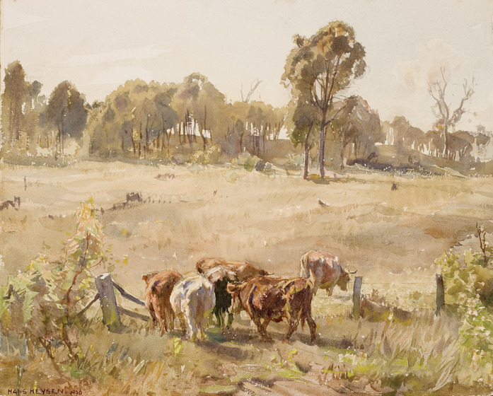 Landscape scene of an open paddock with a group of cows walking through a gate. In the background are a horizon of tall gum trees.