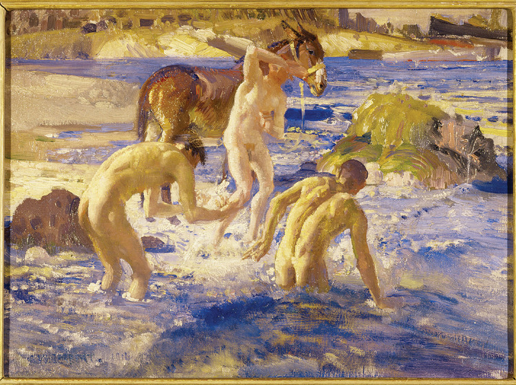 A group of naked men standing up to their knees in the ocean, washing themselves. Rocks jut out from the water, and a mule stands behind them on the shoreline.