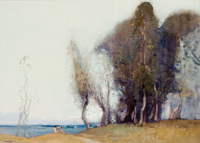 A landscape scene of a small grassy patch overlooking the water. Two figures can be seen sitting on the ground, whilst next to them stand a large group of trees.