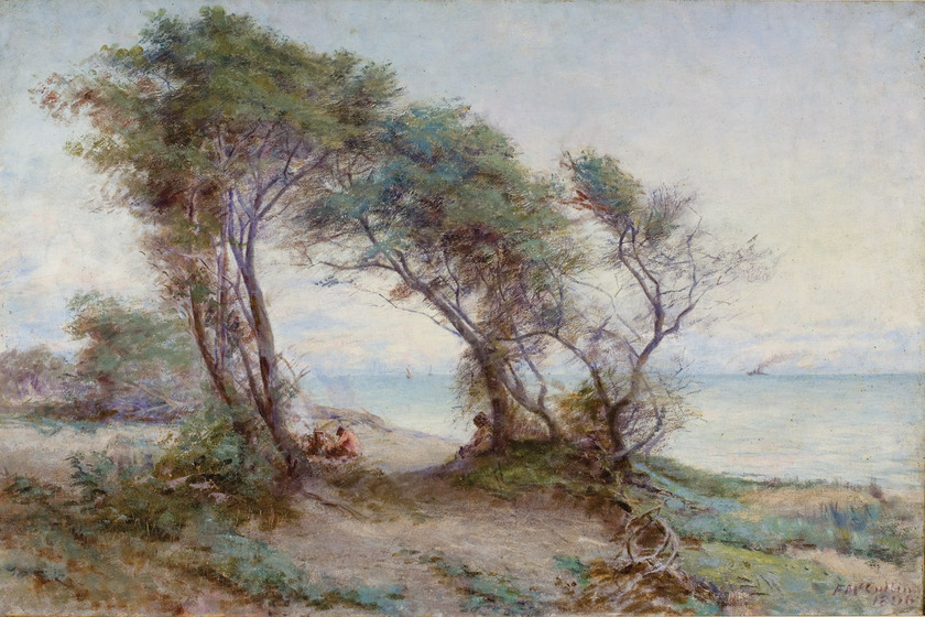 A landscape scene of sand and scrub, trailing down to the waters edge. Under a smattering of trees sit some individuals, possibly one of them overseeing a camp fire.