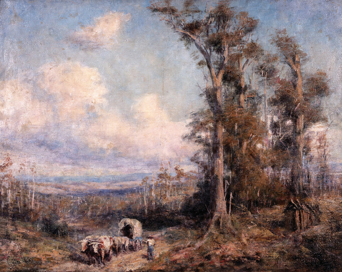 A landscape scene of a bullock train moving through a cleared patch of trees, the surrounding landscape seemingly scarce as a result of tree clearing.