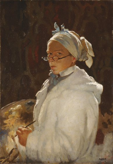 An individual stands facing the artist. In one hand they're holding a paint brush, the other a large painting palette. They are dressed in a white smock and a head turban, with glasses positioned in the end of their nose.