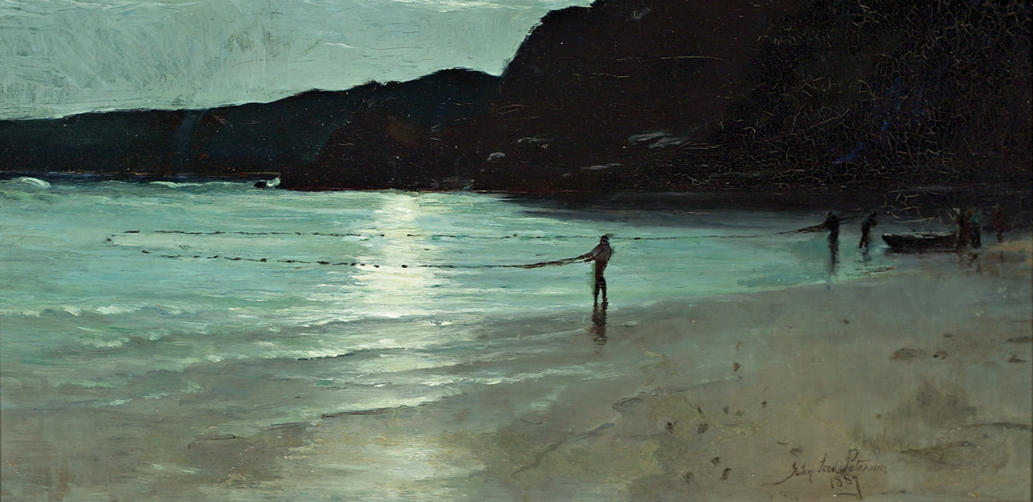 Three men stand in the shallows of the bay, water rushing up to the sandy shoreline. they are pulling in nets, the moon reflecting brightly on the water's surface. 