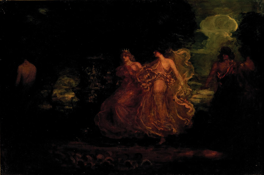 A very dark painting, with two figures emerging from the darkness, wearing flowing dresses that float around them. In the shadows, other figures can be partially seen.