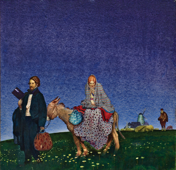 A man in a suit, holding a hat in one hand and a carpet bag in another, leads a woman sitting side saddle on a donkey. She is dressed in a long skirt, and a shawl pulled partially over her head. In the background, a farmer overlooks his sheep, with a windmill house standing nearby.