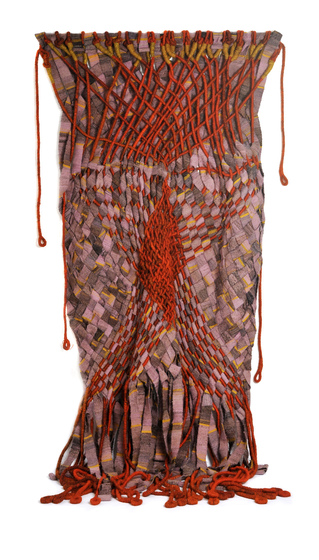 Woven textile art piece made of orange stitching and paneled pink and grey squares.