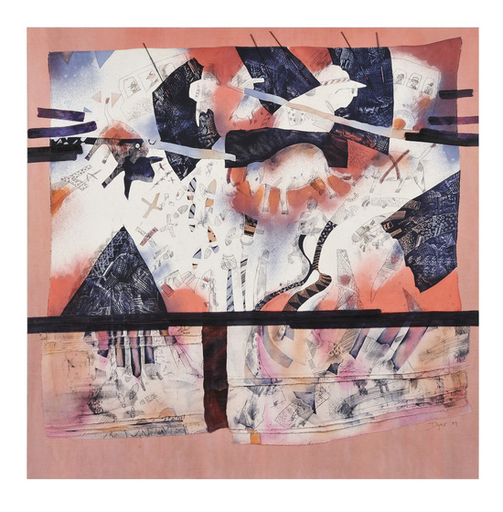 Collage of various shapes and figures in different colours stitched on to a pale pink piece of fabric.