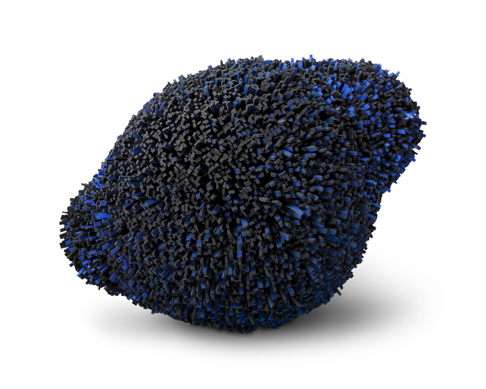 A rounded sculpture made of tiny blue and black particles, resembling that of a sea urchin.