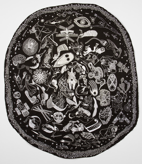 Circular artwork with white embroidered figures and patterns on a black background.