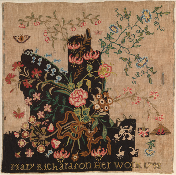 An embroidered square of cloth featuring various flowers, leaves and insects.