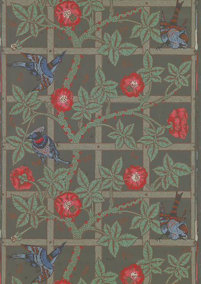 Decorative brown wall paper featuring a scene of a rose climbing a trellis and small birds nestled amongst the leaves.