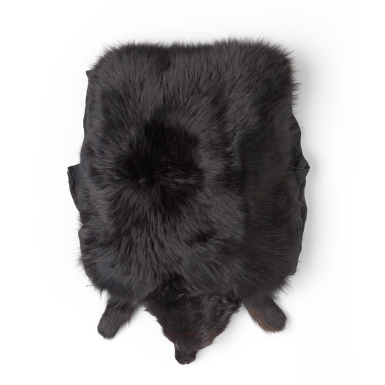 An overhead photograph of a black fox fur which lies flat on the ground with its head and paws sticking slightly out the front.