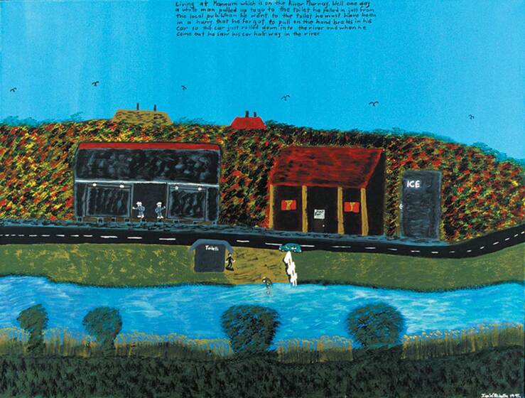 Painting of a landscape scene - a bright blue river flows in front of three buildings on the roadside.