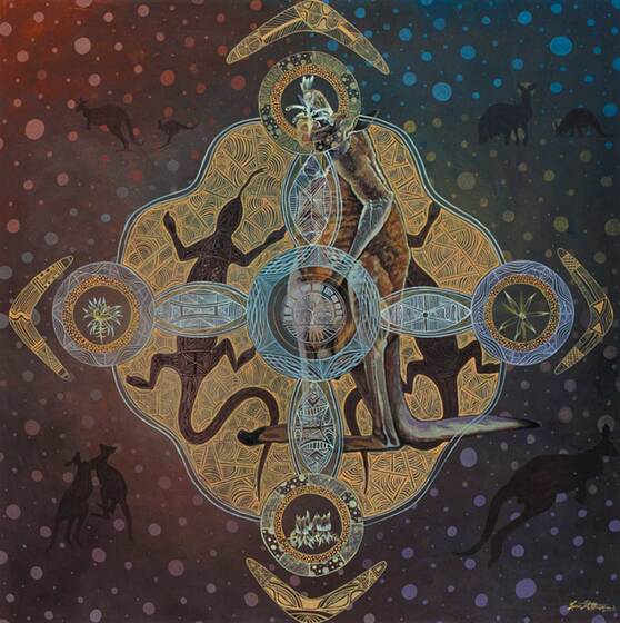 Indigenous painting with patterns and symbols at four points of the compass, each containing some type of flora or fauna and a boomerang. Around the perimeter of the patterns are shadows of kangaroos. In the centre of the pattern are two lizard shapes.