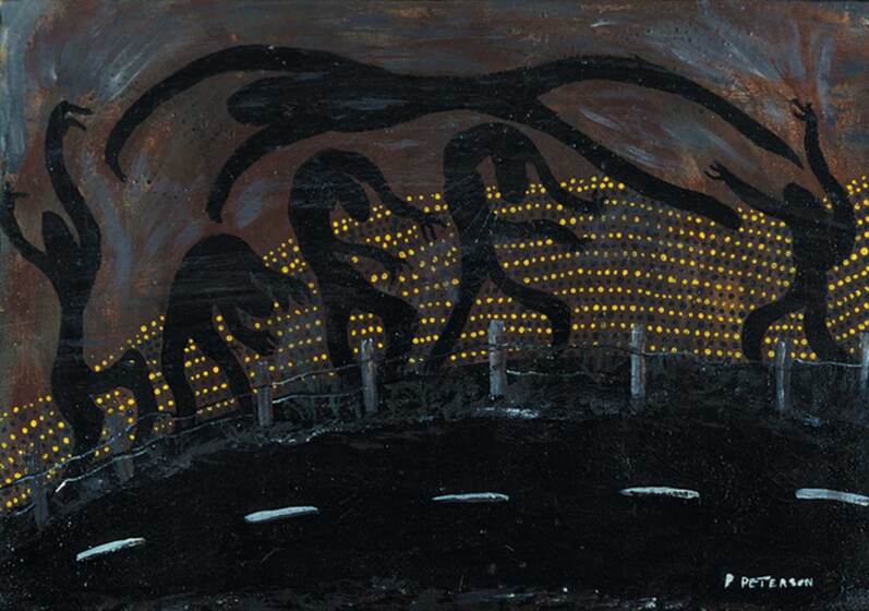 An image depicting dark human like shadows with long arms and legs behind a fence that borders on a black road. Behind the spirits are lots of small yellow dots, representing lights.